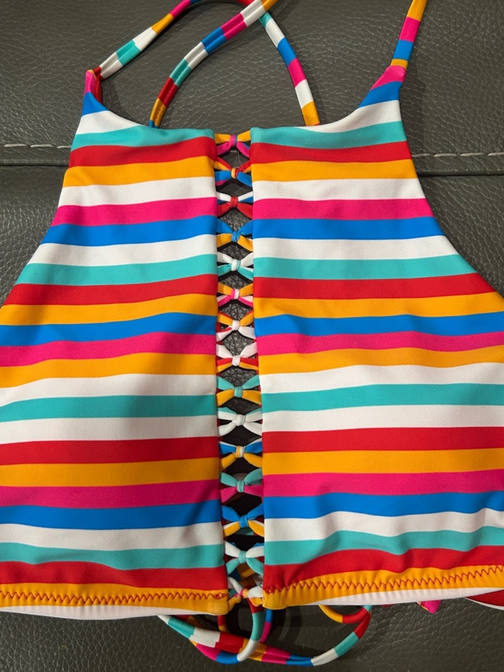 Raisins Striped Rainbow Lace-Up Halter Swim Top NWT size M - Picture 3 of 4